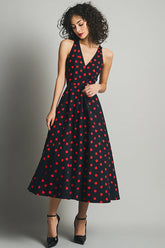 A-Linie V-Ausschnitt Schwarzes Rotes Kleid mit Polka Dots